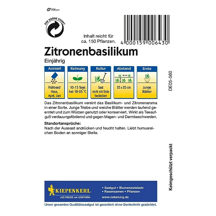 Kiepenkerl Kräutersamen Zitronenbasilikum - Ocimum basilicum, Erntezeit: Juni - Rückansicht