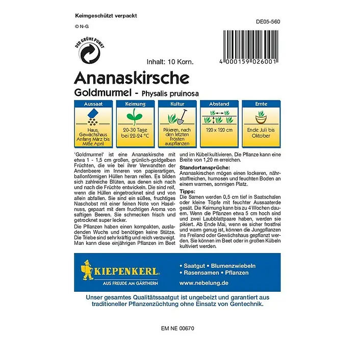 Kiepenkerl Profi-Line Obstsamen Ananaskirsche - Physalis peruviana, Erntezeit: Juli - Rückansicht