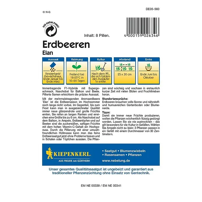 Kiepenkerl Profi-Line Obstsamen Erdbeere Elan - Fragaria x ananassa, Erntezeit: Juni - Rückansicht