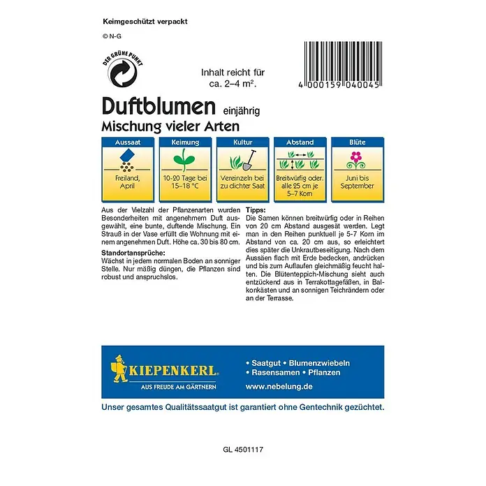 Blumensamenmischung Duftblumen - Verschiedene Sorten, Mehrfarbig, 2 m² - 4 m² - Rückansicht