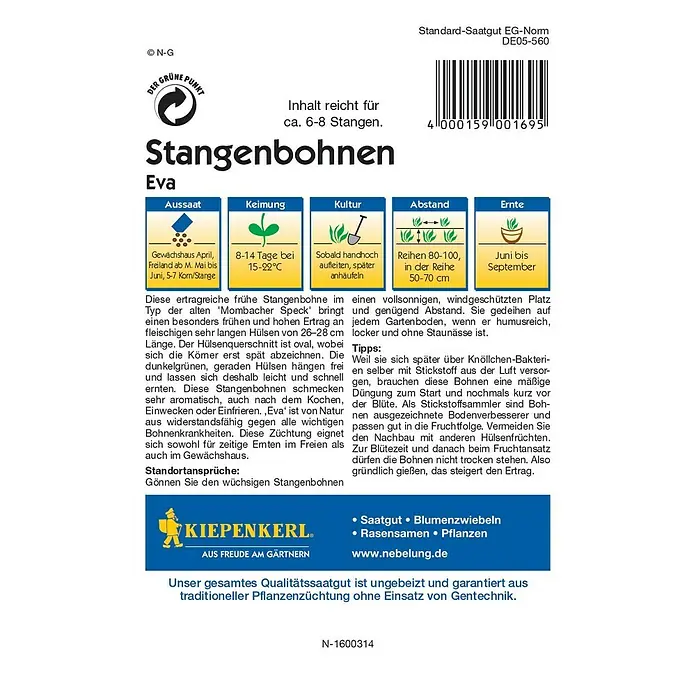 Kiepenkerl Profi-Line Gemüsesamen Stangenbohne - Eva, Phaseolus vulgaris var. vulgaris, Erntezeit: Juni - Rückansicht