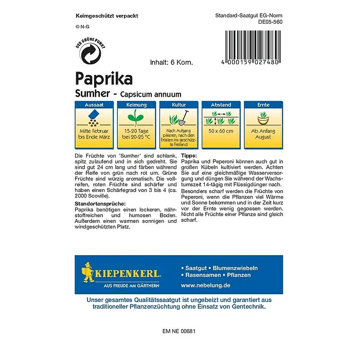 Kiepenkerl Profi-Line Gemüsesamen Paprika - Sumher F1, Capsicum annuum, Erntezeit: August - Rückansicht