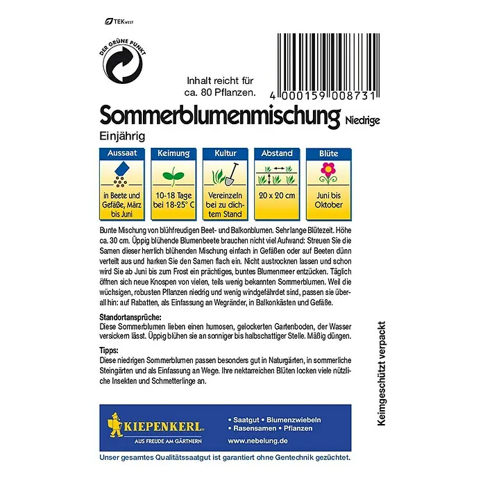 Blumensamenmischung Sommerblumenmischung - Verschiedene Sorten, Mehrfarbig - Rückansicht