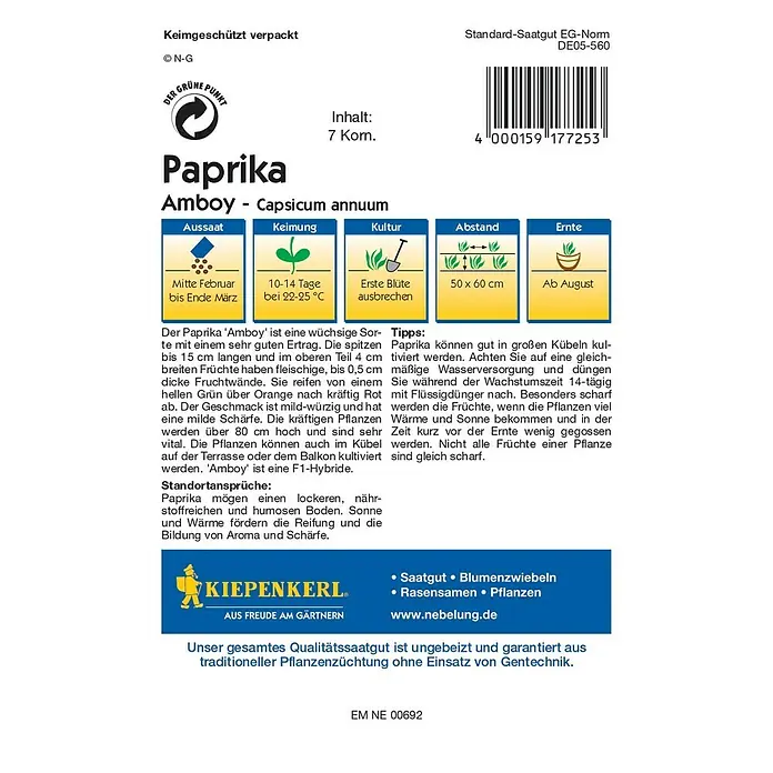 Kiepenkerl Profi-Line Gemüsesamen Paprika - Amboy F1, Capsicum annuum, Erntezeit: August - Rückansicht
