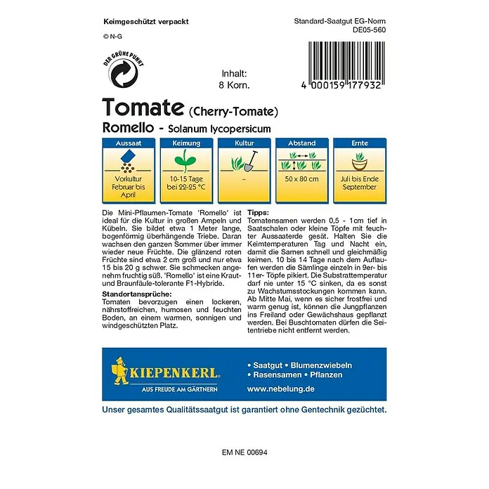 Kiepenkerl Profi-Line Gemüsesamen Tomate - Romello F1, Solanum lycopersicum, Erntezeit: Juli - Rückansicht