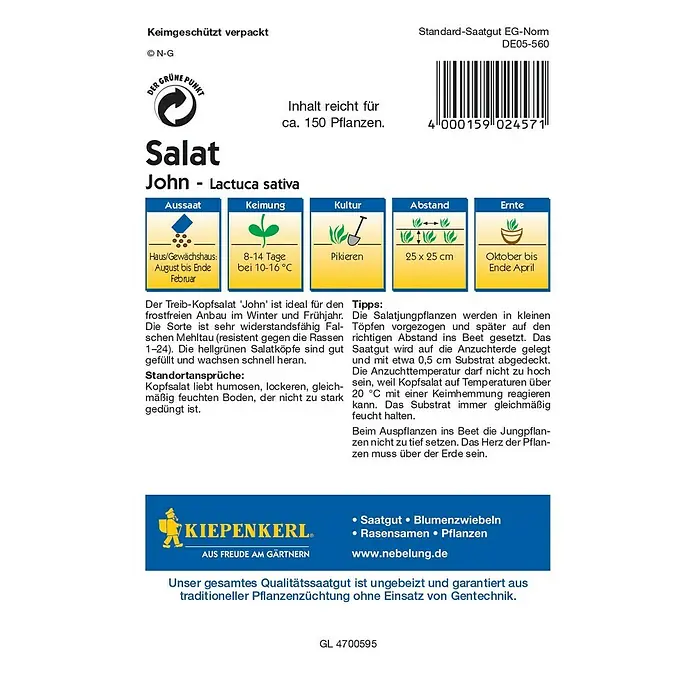 Kiepenkerl Profi-Line Salatsamen Kopfsalat - John, Lactuca sativa var. capitata, Erntezeit: Oktober - Rückansicht