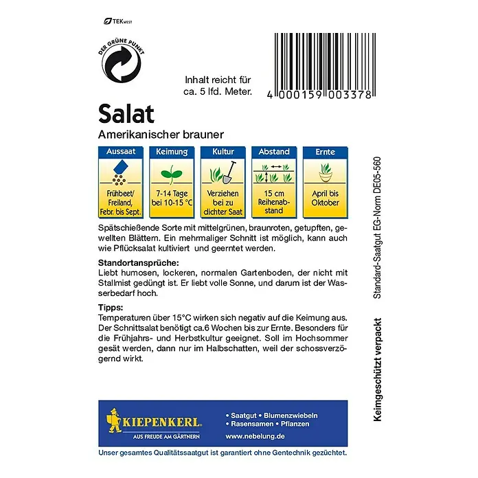 Kiepenkerl Salatsamen Pflücksalat Amerikanischer brauner - Lactuca sativa var. crispa, Erntezeit: April - Rückansicht