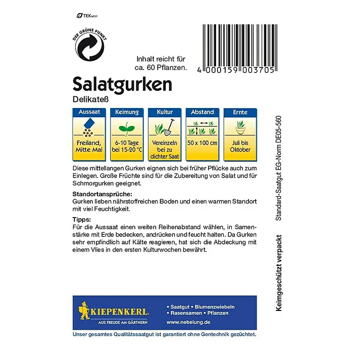 Kiepenkerl Gemüsesamen Salatgurke - Delikateß, Cucumis sativus, Erntezeit: Juli - Rückansicht