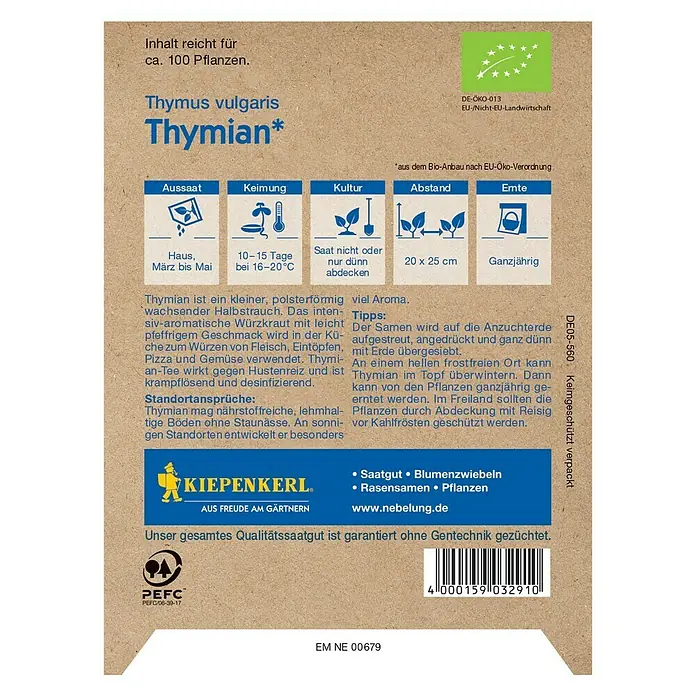 Kiepenkerl Profi-Line Kräutersamen Bio Thymian - Thymus vulgaris, Erntezeit: Ganzjährig - Rückansicht