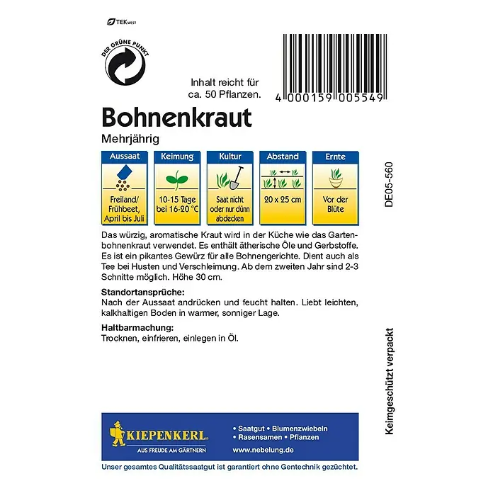 Kräutersamen Bohnenkraut - Satureja montana, Saatzeit: April, Erntezeit: Juni - Rückansicht