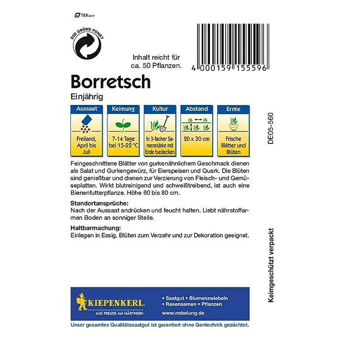 Kiepenkerl Kräutersamen Boretsch - Borago officinalis, Saatzeit: April, Erntezeit: Juni - Rückansicht