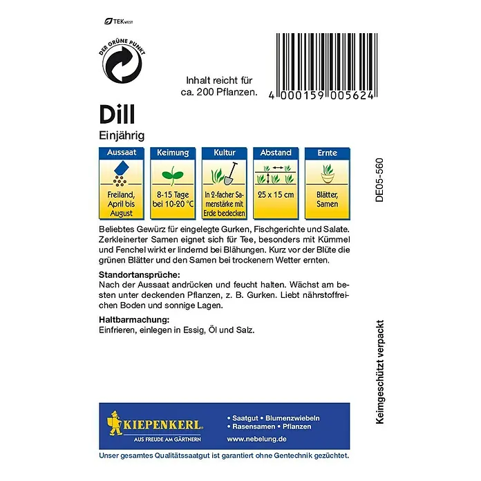 Kiepenkerl Kräutersamen Dill - Anethum graveolens var. hortorum, Saatzeit: April, Erntezeit: Juni - Rückansicht