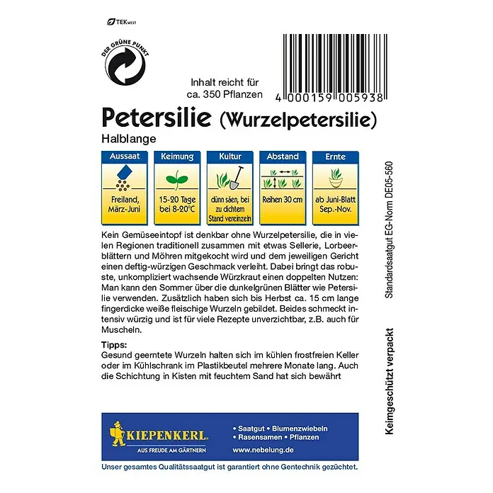Kiepenkerl Gemüsesamen Wurzelpetersilie - Petroselinum crispum var. tuberosum, Erntezeit: Juni - Rückansicht