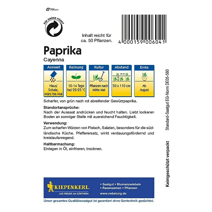 Kiepenkerl Gemüsesamen Paprika - Capsicum annuum, Erntezeit: August, Cayenna - Rückansicht
