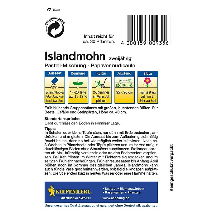 Kiepenkerl Blumensamen Islandmohn - Papaver nudicaule, Mehrfarbig - Rückansicht