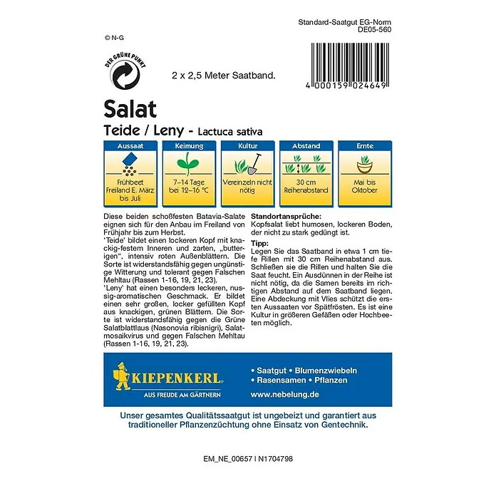Kiepenkerl Salatsamen Batavia-Salat - Lactuca sativa, Erntezeit: Mai - Rückansicht