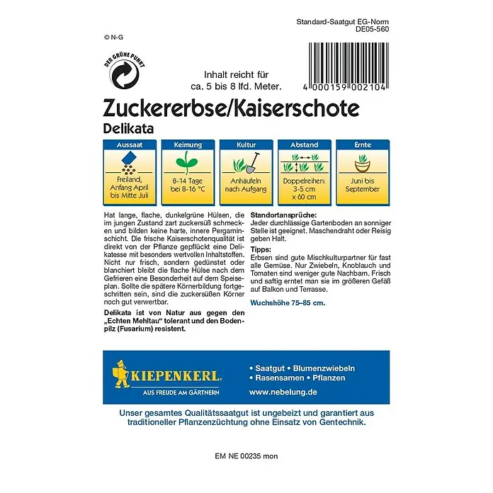 Kiepenkerl Profi-Line Gemüsesamen Zuckererbse - Delikata, Pisum sativum, Erntezeit: Juni - Rückansicht