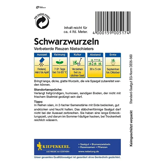 Kiepenkerl Gemüsesamen Schwarzwurzel - Scorzonera hispanica, Erntezeit: September - Rückansicht