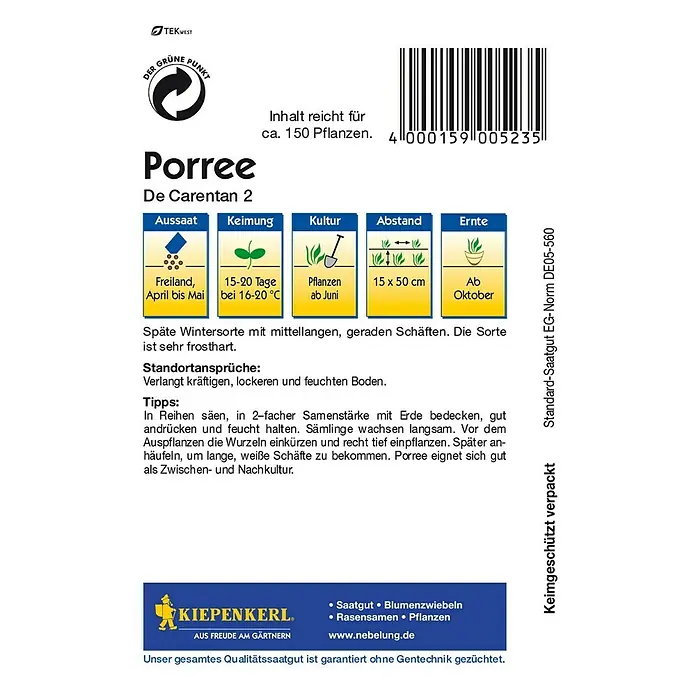 Kiepenkerl Gemüsesamen Porree de Carentan 2 - Allium porrum, Erntezeit: Oktober - Rückansicht