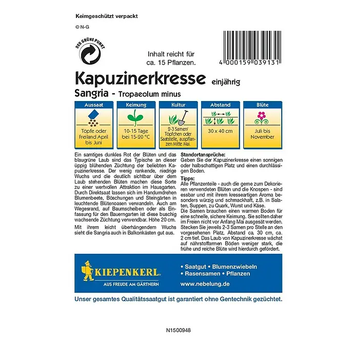 Kräutersamen Kapuzinerkresse - Tropaeolum minus, Saatzeit: Mai - Rückansicht