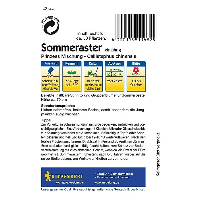Kiepenkerl Blumensamen Sommeraster - Callistephus chinensis, Prinzess Mischung, Blütezeit: Juli - Rückansicht
