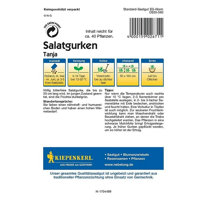 Kiepenkerl Profi-Line Gemüsesamen Salatgurke - Cucumis sativus, Erntezeit: Juli - Rückansicht