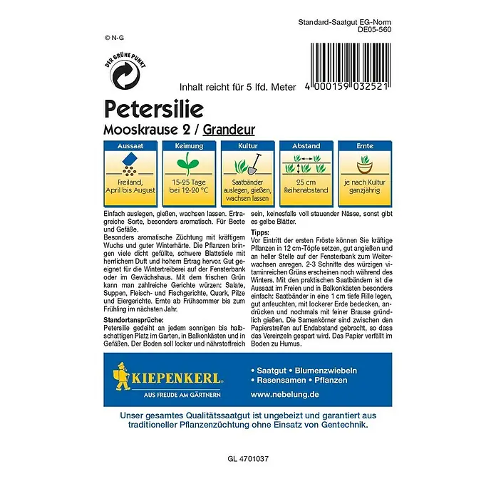 Kiepenkerl Profi-Line Kräutersamen Petersilie - Grandeur - Saatband, Petroselinum crispum var. crispum, Saatzeit: April, Erntezeit: Ganzjährig - Rückansicht