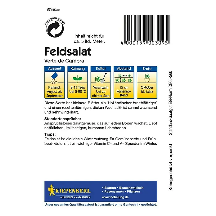 Kiepenkerl Salatsamen Feldsalat - Valerianella locusta, Verte de Cambrai, Erntezeit: Oktober - Rückansicht