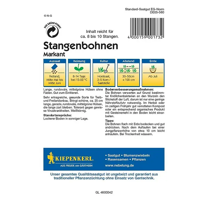 Kiepenkerl Profi-Line Gemüsesamen Stangenbohne - Markant, Phaseolus vulgaris var. vulgaris, Erntezeit: Juli - Rückansicht