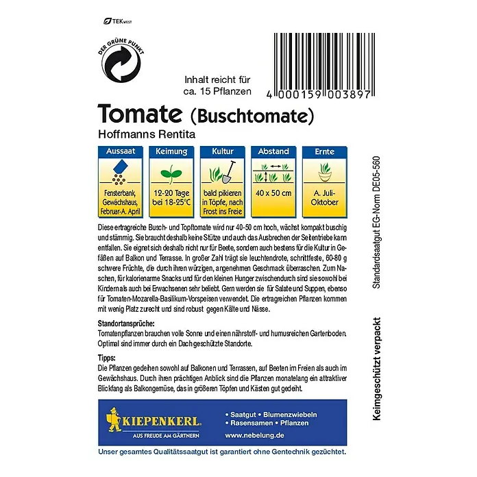 Kiepenkerl Gemüsesamen Tomate - Hofmanns Rentita, Solanum lycopersicum, Erntezeit: Juli - Rückansicht