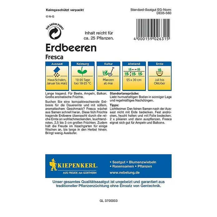 Kiepenkerl Profi-Line Obstsamen Erdbeere - Fragaria x ananassa, Erntezeit: Juli - Rückansicht