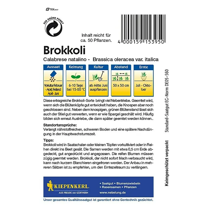 Kiepenkerl Gemüsesamen Brokkoli Calabrese Natalino - Brassica oleracea var. italica, Erntezeit: Juli - Rückansicht