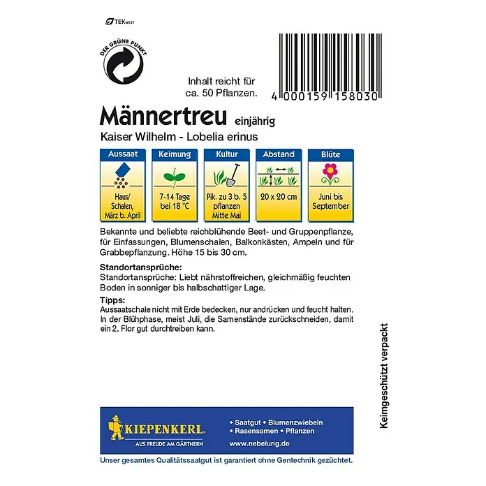 Kiepenkerl Blumensamen Männertreu - Lobelia erinus, Blau - Rückansicht