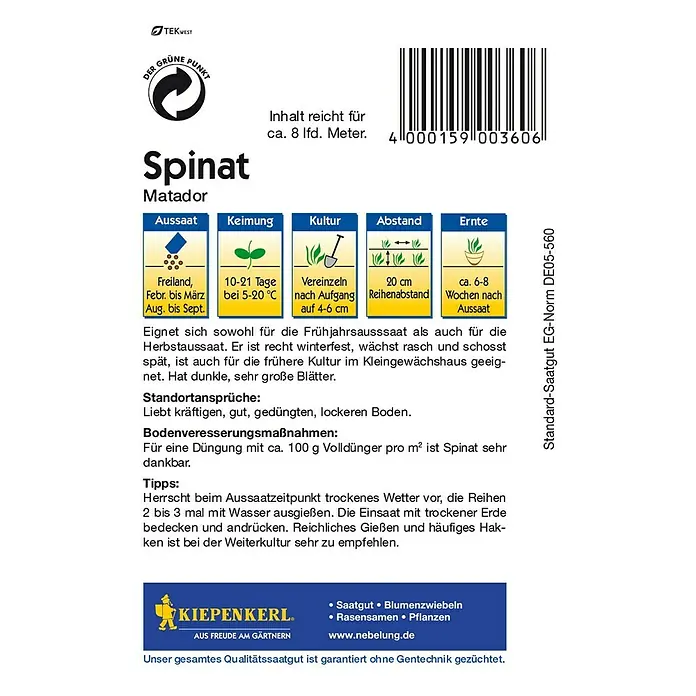 Kiepenkerl Gemüsesamen Spinat - 33 g, Spinacia oleracea - Rückansicht