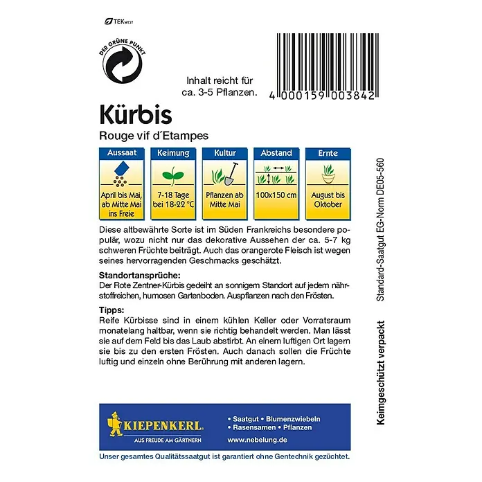 Kiepenkerl Profi-Line Gemüsesamen Kürbis - Roter Zentner-Kürbis, Cucurbita maxima, Erntezeit: August - Rückansicht