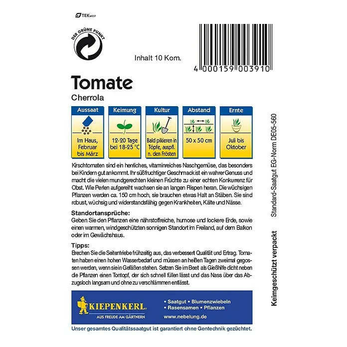 Kiepenkerl Gemüsesamen Tomate - Cherrloa F1, Solanum lycopersicum, Erntezeit: Juli - Rückansicht