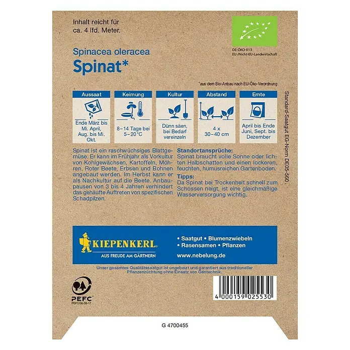 Kiepenkerl Profi-Line Gemüsesamen Spinat - Bio, Spinacia oleracea, Erntezeit: April - Rückansicht