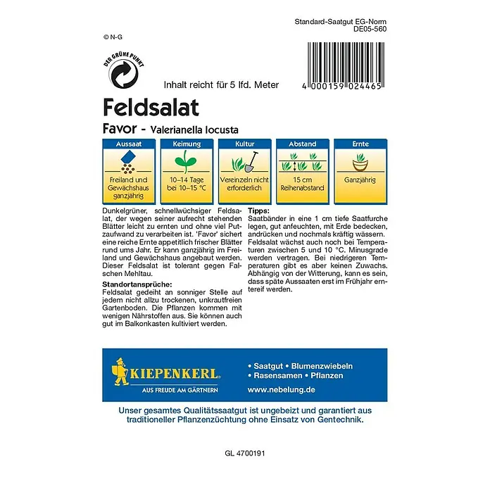 Kiepenkerl Profi-Line Salatsamen Feldsalat - Favor - Saatband, Valerianella locusta, Erntezeit: Ganzjährig - Rückansicht
