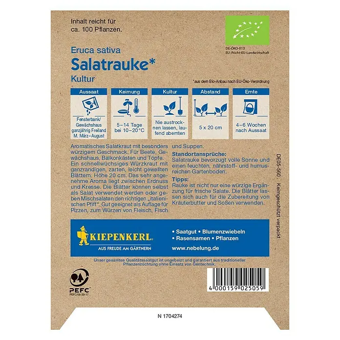 Kiepenkerl Profi-Line Salatsamen Bio Salatrauke - Eruca sativa, Erntezeit: Ganzjährig - Rückansicht