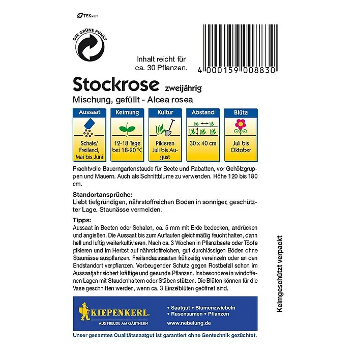 Kiepenkerl Blumensamenmischung Stockrose - Alcea rosea, Mehrfarbig - Rückansicht