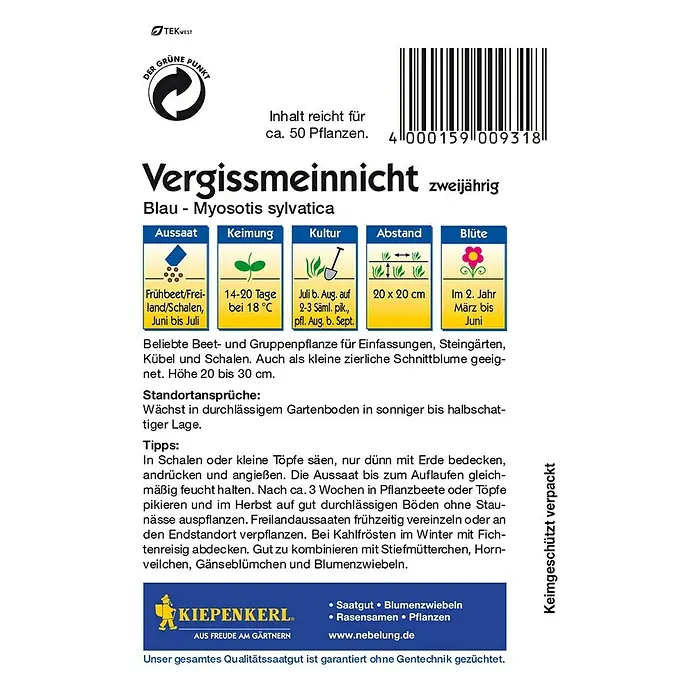 Kiepenkerl Blumensamen Vergissmeinnicht - Myosotis sylvatica, Blau - Rückansicht