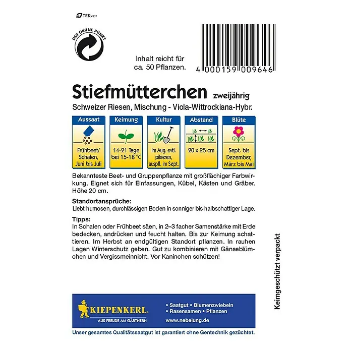 Kiepenkerl Blumensamen Stiefmütterchen - Viola-Wittrockiana-Hybriden, Mehrfarbig, Blütezeit: März - Rückansicht
