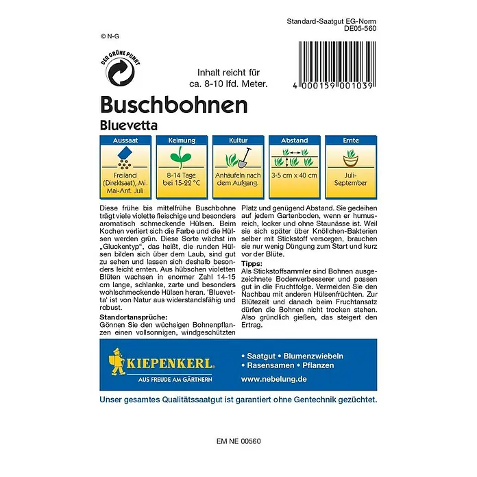 Kiepenkerl Profi-Line Gemüsesamen Buschbohne - Bluevetta, Phaseolus vulgaris var. nanus, Erntezeit: Juli - Rückansicht