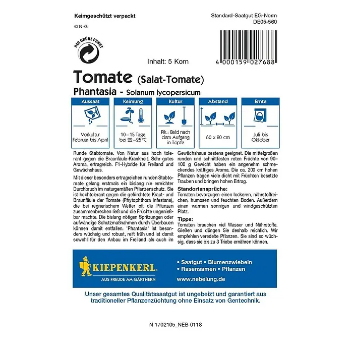 Kiepenkerl Profi-Line Gemüsesamen Tomate - Phantasia F1, Solanum lycopersicum, Erntezeit: Juli - Rückansicht