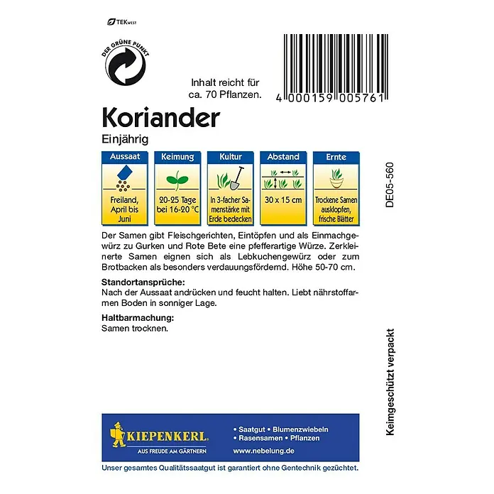 Kiepenkerl Kräutersamen Koriander - Coriandrum sativum, Saatzeit: April, Erntezeit: Juni - Rückansicht