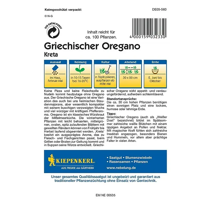 Kiepenkerl Profi-Line Kräutersamen Oregano Kreta - Origanum vulgare subsp. viridulum, Erntezeit: Juni - Rückansicht