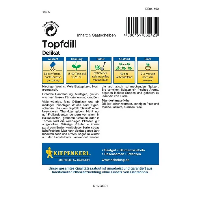 Kiepenkerl Profi-Line Kräutersamen Topfdill - Anethum graveolens var. hortorum, Saatzeit: Ganzjährig, Erntezeit: Ganzjährig - Rückansicht