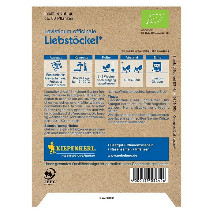 Kiepenkerl Profi-Line Kräutersamen Bio Liebstöckel - Levisticum officinale, Erntezeit: Juni - Rückansicht
