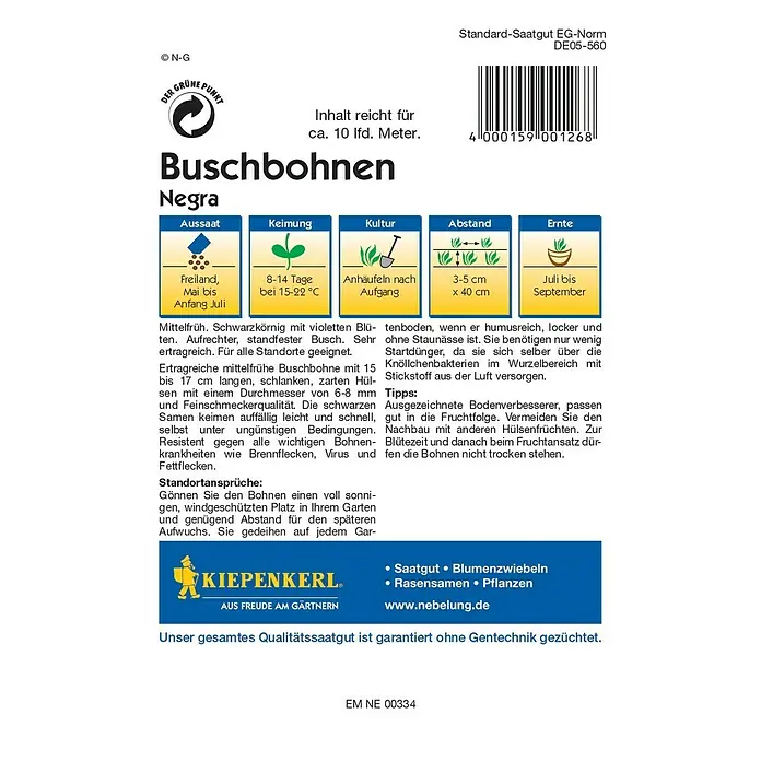 Kiepenkerl Profi-Line Gemüsesamen Buschbohne - Negra, Phaseolus vulgaris var. nanus, Erntezeit: Juli - Rückansicht