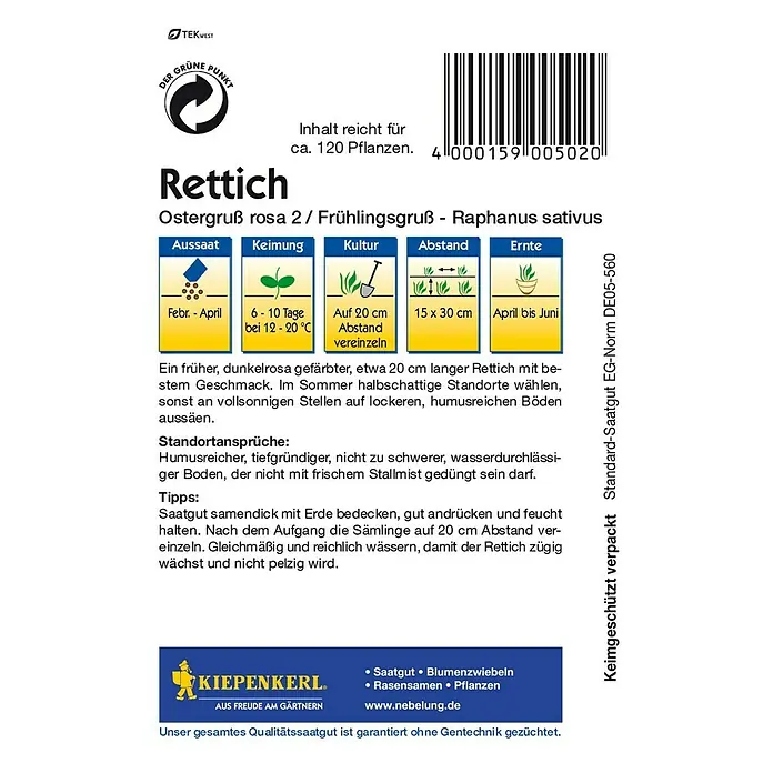 Kiepenkerl Gemüsesamen Rettich - Raphanus sativus, Ostergruß Rosa - Rückansicht